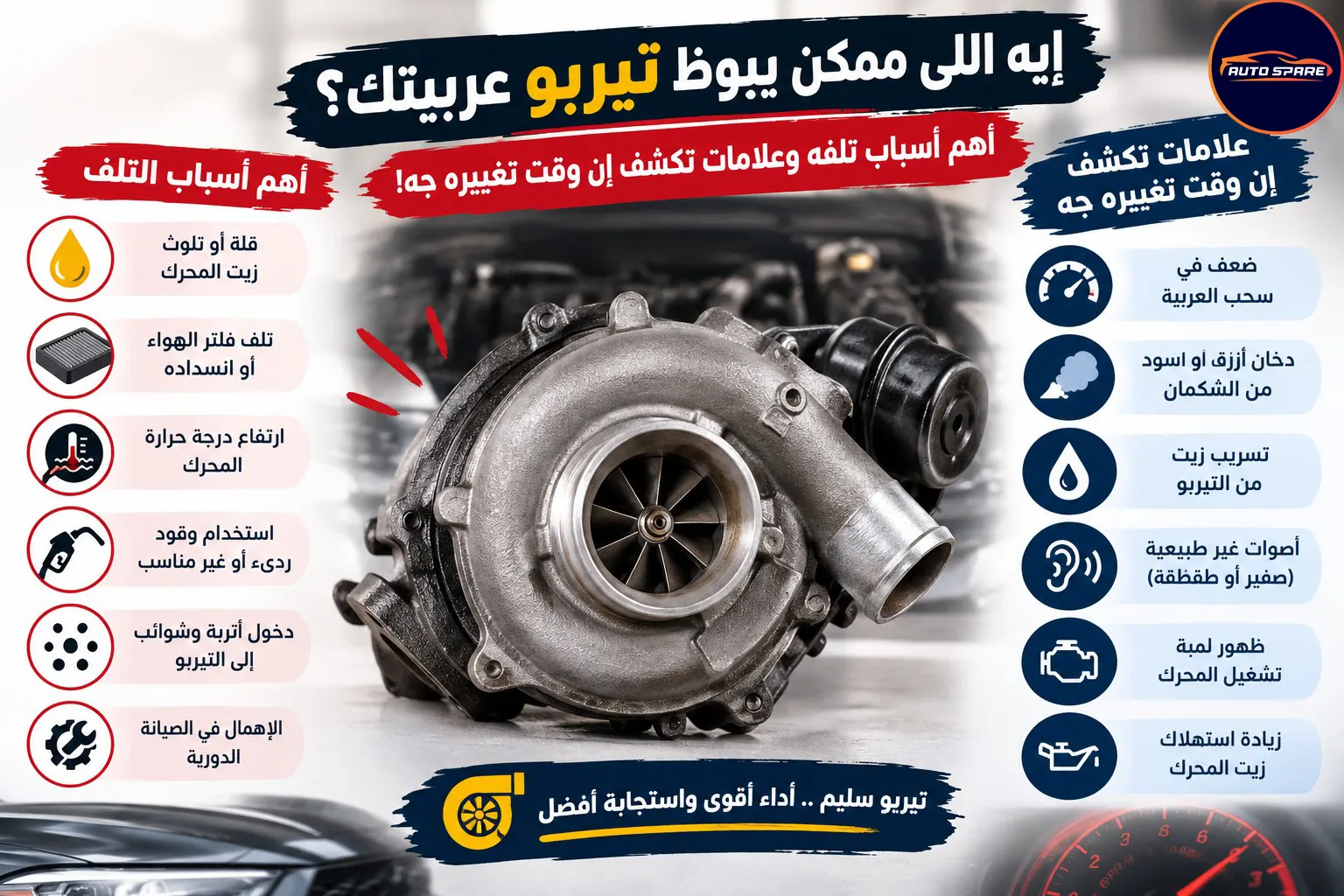 إيه اللي ممكن يبوظ تيربو عربيتك؟ أهم أسباب تلفه وعلامات تكشف إن وقت تغييره جه!