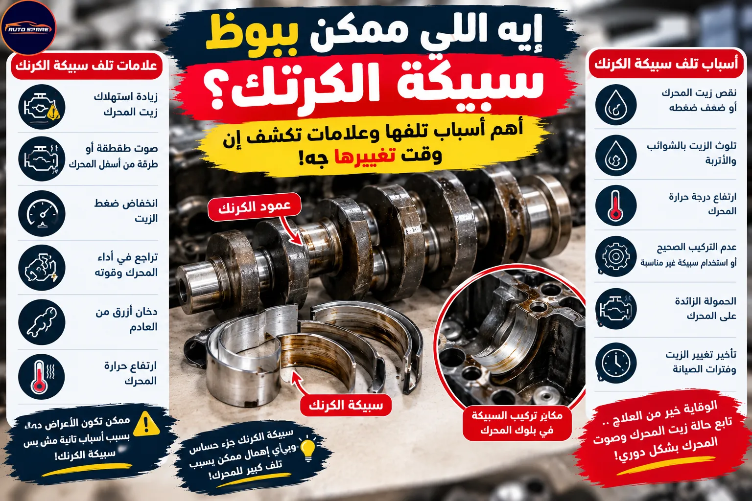 إيه اللي ممكن يبوظ سبيكة الكرنك في عربيتك؟ أهم أسباب تلفها وعلامات تكشف إن وقت تغييرها جه!